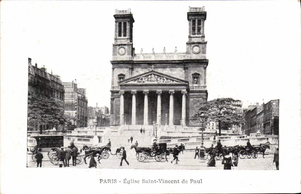 París - Iglesia de San Vicente de Paúl — vista de la fachada neoclásica con caballos y fiacres — editor no identificado - Anverso