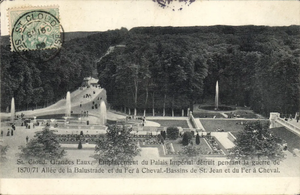 सेंट क्लाउड। ग्रांड एऊज़ — 1870/71 के युद्ध के दौरान नष्ट हुए साम्राज्य पैलेस के स्थान — ट्रियानॉन संस्करण, संख्या 1738 - आगे