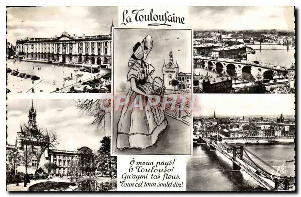 La Toulousaine — vue panoramique de la ville avec illustration d'une femme en costume traditionnel — Éditeur Vérité Photo - Donjon, Vues Générales, n° 406 - Frente