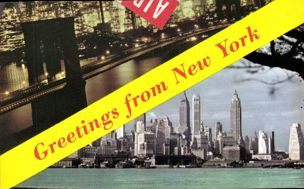 Brooklyn Bridge e skyline de Nova York — Progressive Publications, N° 244 W. 49th St. NY - Frente