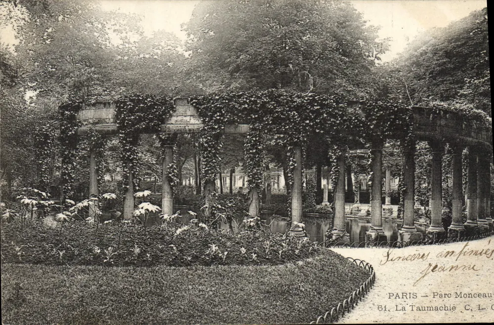Paris - Parc Monceau — Os Sinceros, jardim decorado com colunas e trepadeiras — editor La Taumachie, n°61 - Frente