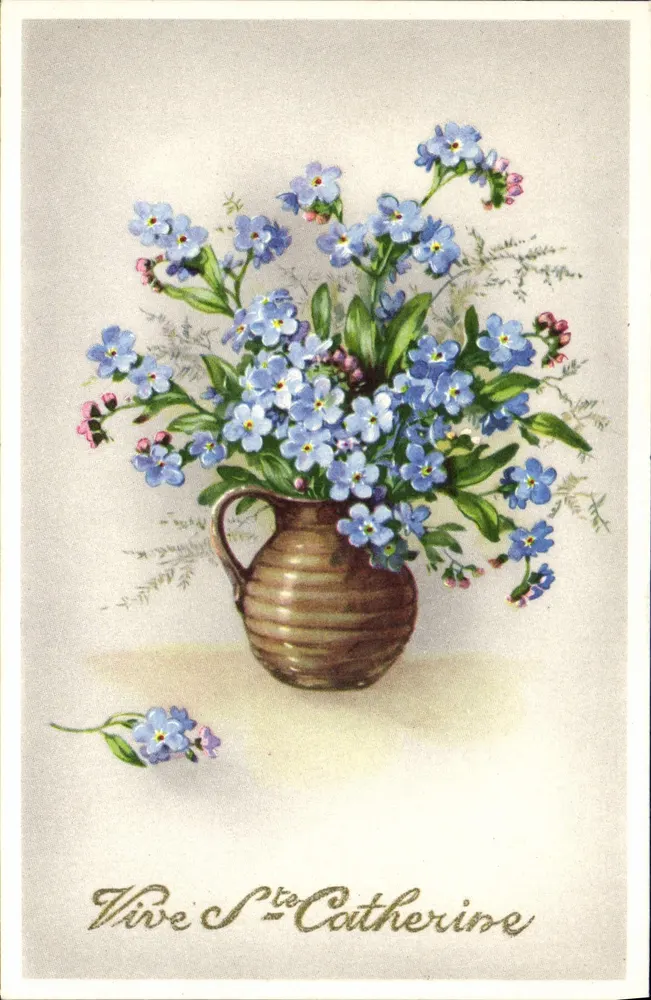 Flores azuis em um vaso — dedicação a Santa Catarina — editor P. Jolysum, n° 44483 - Frente