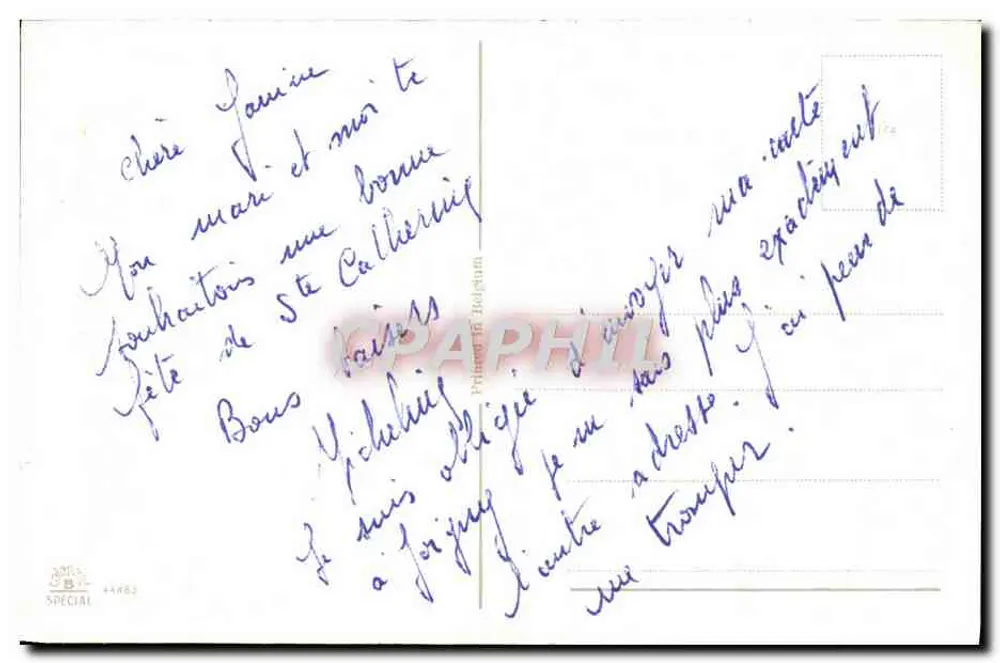 Flores azuis em um vaso — dedicação a Santa Catarina — editor P. Jolysum, n° 44483 - Verso