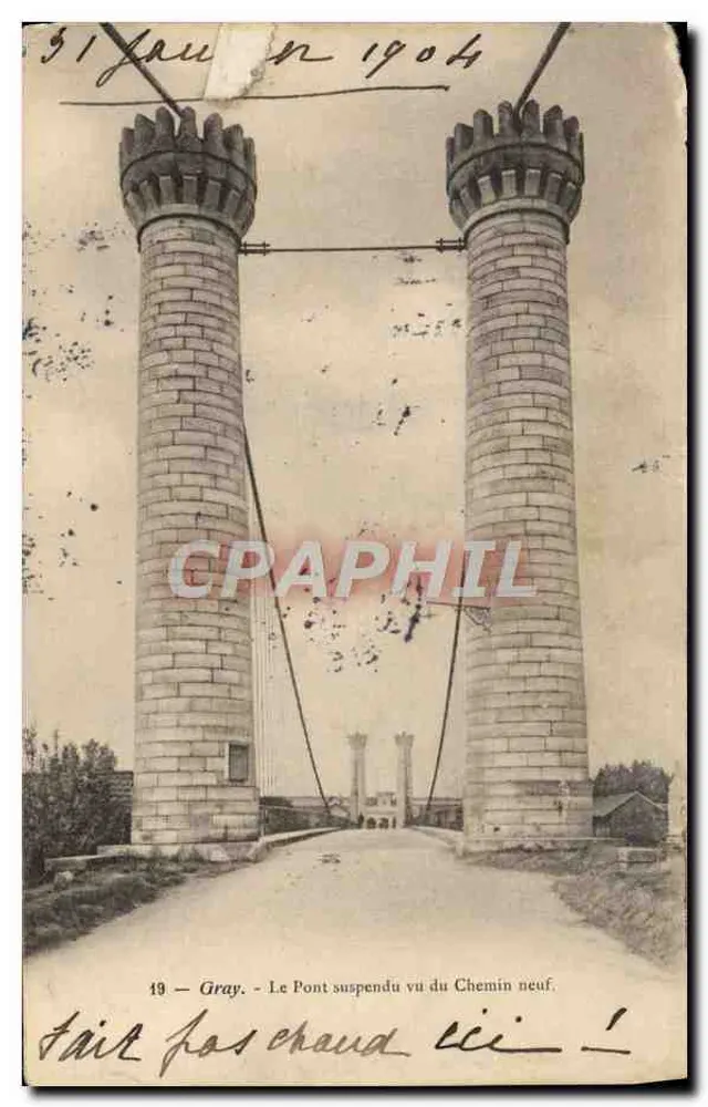 Gray — El puente colgante visto desde el Chemin neuf — Editor desconocido, n° 19 - Anverso