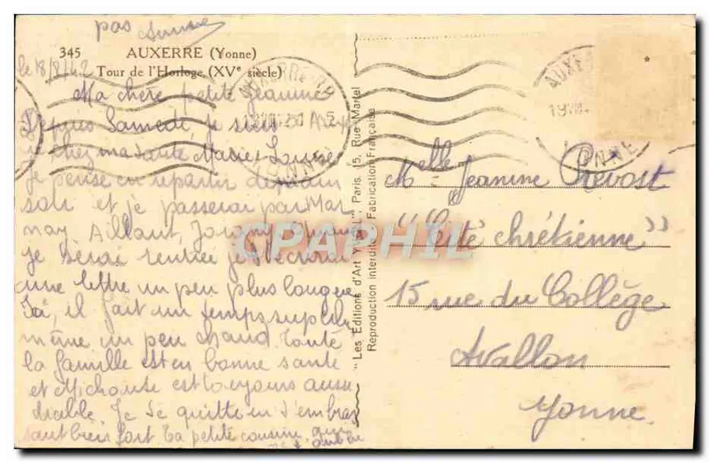 Auxerre — Torre da Relógio (século XV) — Mathieu & Ha — n°345 - Verso