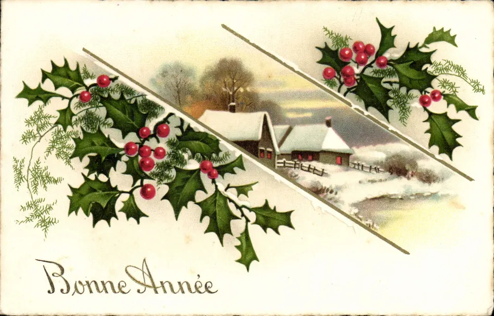 Winterlandschaft mit schneebemalter Hütte — Efeu und festliche Texte — Verlag Pittius, Nr. 1079 - Vorderseite