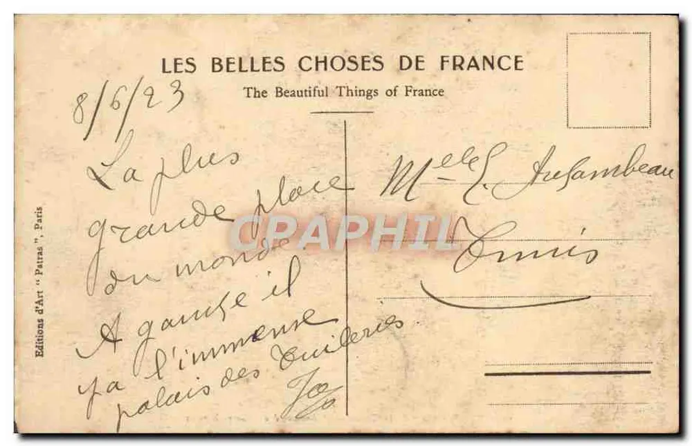 Place de la Concorde et Avenue des Champs-Élysées — Obélisque — Éditeur Patras, n°19 - Verso