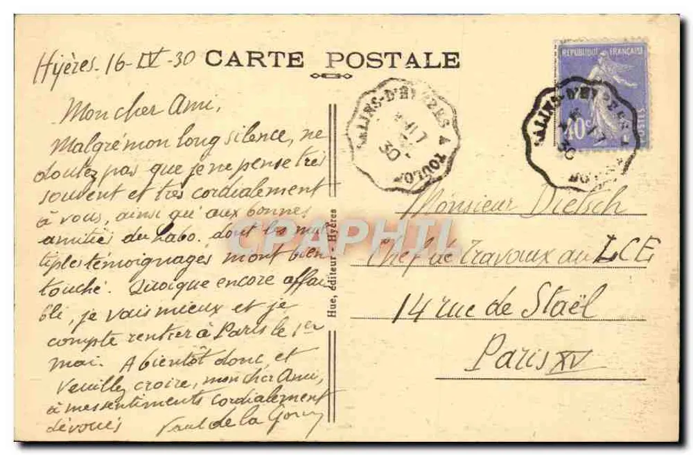 Hyères — A Estrada do Monte dos Pássaros, toda de sombra e luz — F. Hue, n°194 - Verso