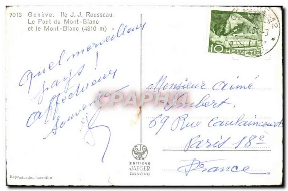 Genève — Pont du Mont-Blanc et le Mont-Blanc (4810 m) — Éditions Jaeger Genève, n° 7013 - Verso