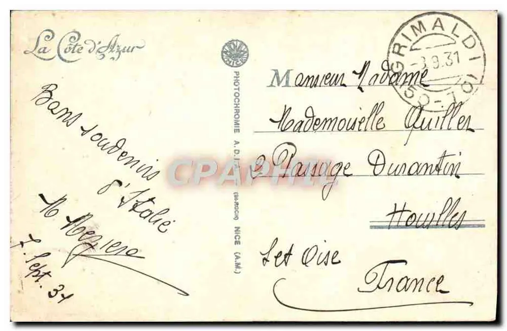 Mentone — Vista de Mentone — Hotel Miramar — Grimaldi-Vintimiglia, n°13 - Verso
