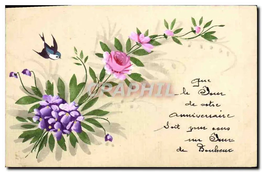 Flores e pássaro — Aniversário — C. M. Bouet - Frente