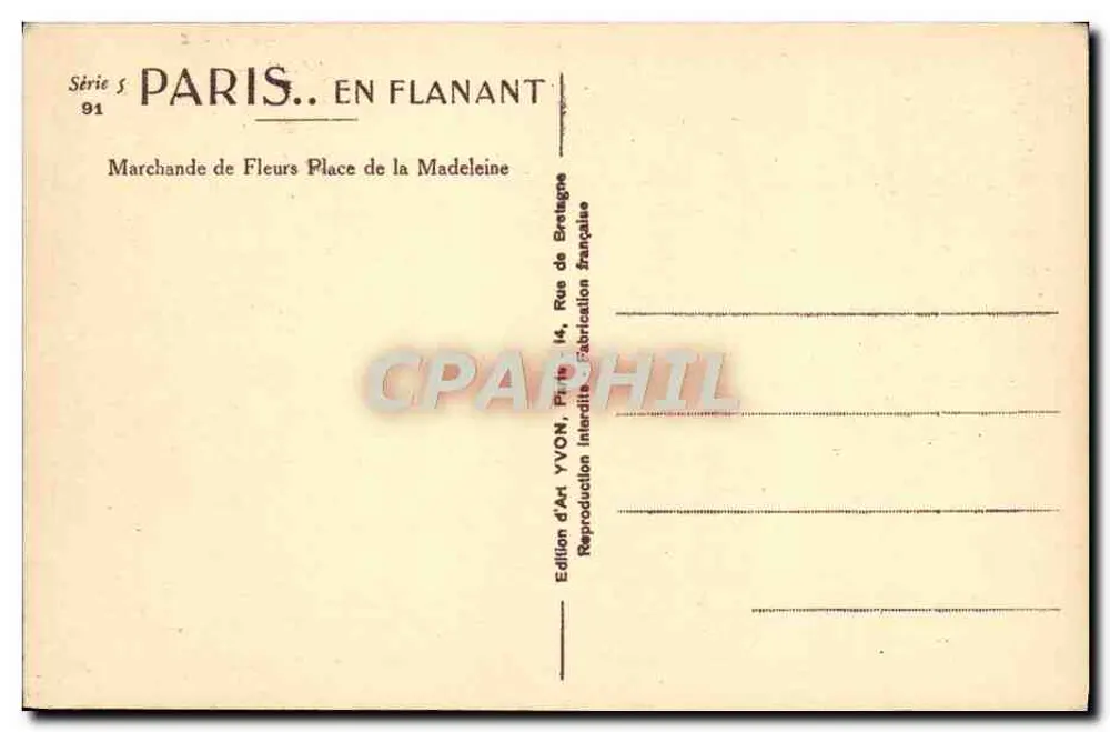 Bloemenverkoper Place de la Madeleine — Parijs — Uitgave YVON - Achterkant