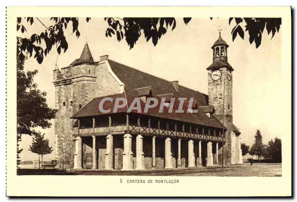 Castelo de Montluçon — vista do castelo com torre e relógio — Edição La Cigogne, Vichy - Frente