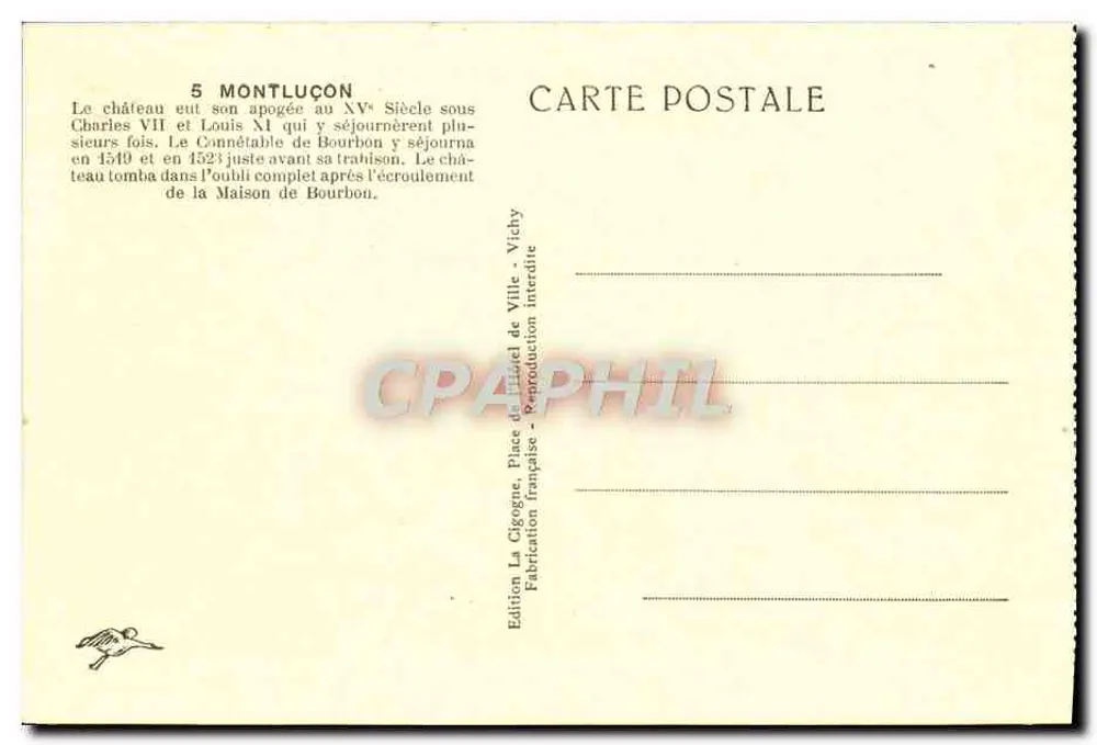 Castelo de Montluçon — vista do castelo com torre e relógio — Edição La Cigogne, Vichy - Verso
