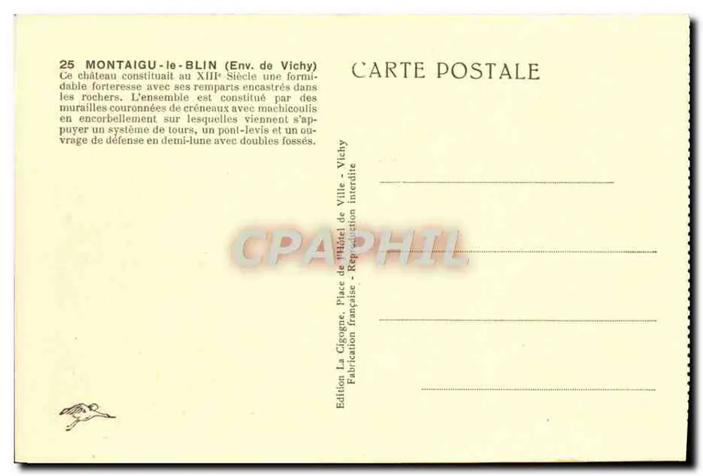 Castelo de Montaigu-le-Blin — ruínas medievais — Edição La Cigogne, Vichy - Verso