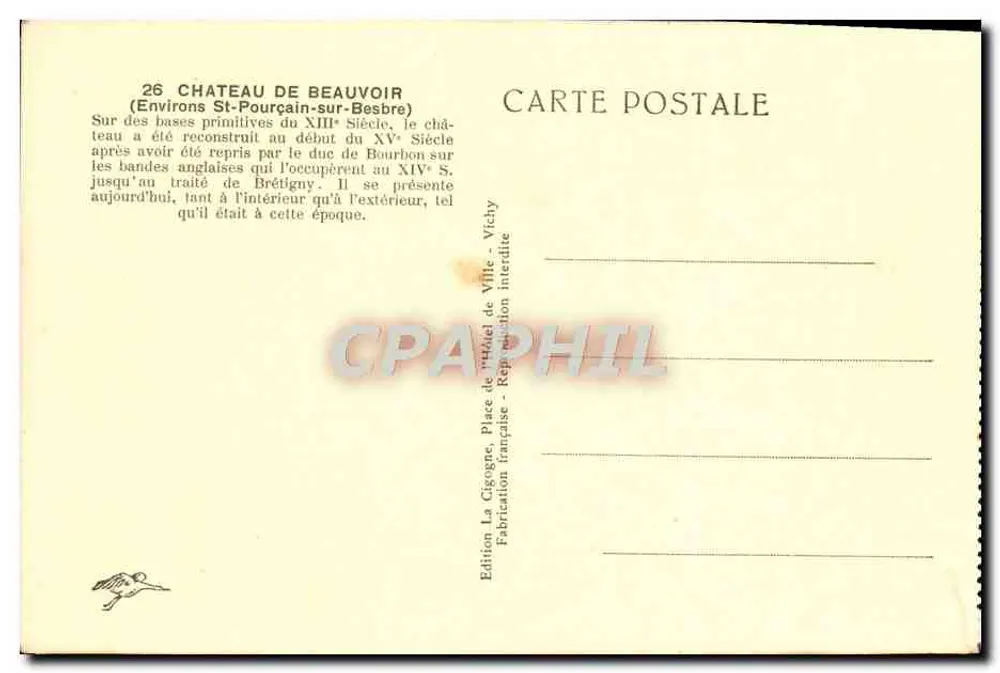 Castelo de Beauvoir — Arredores de St-Pourçain-sur-Besbre — Edição La Gigogne, Vichy - Verso