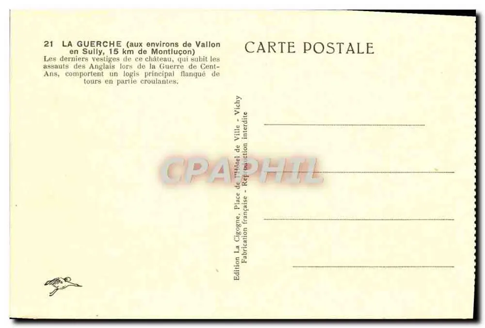Castelo de La Guerche — Vista do castelo com lago — Edição La Cigogne, Vichy - Verso