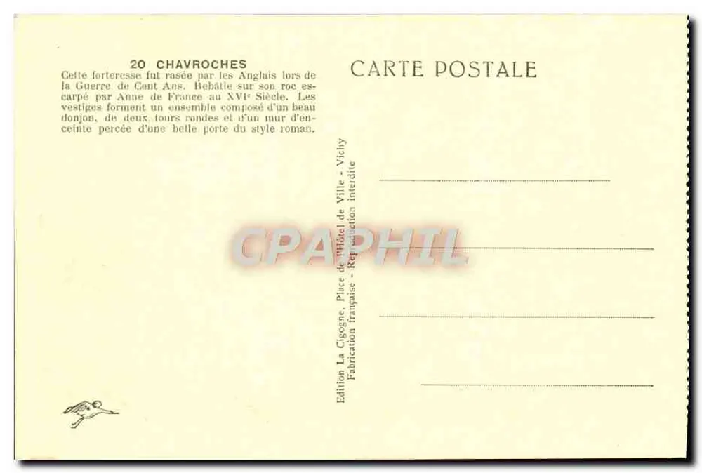 Castelo de Chavroches — vista do castelo sobre seu rochedo — Edição La Gigogne, Vichy - Verso