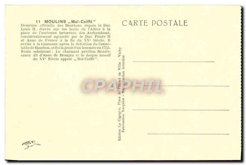 Castelo de Moulins (Malcoiffée) — vista do donjon massivo — Edição La Gigogne, Vichy - Verso