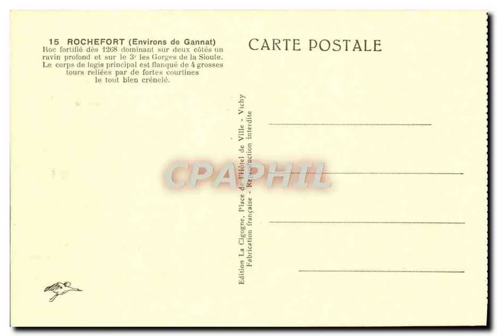 Castelo de Rochefort — vista com ponte — edição La Cigogne, Vichy - Verso