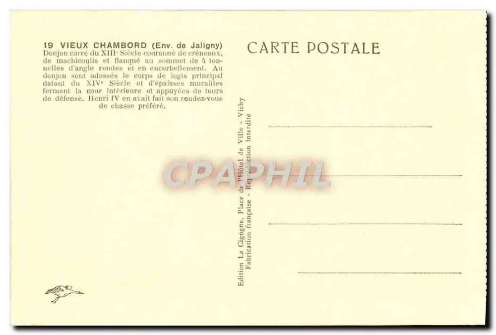 Castelo de Chambord — vista do donjon — Edição La Cigogne, Vichy - Verso