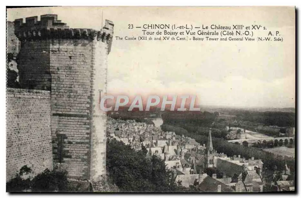 Chinon — Das Schloss 13. und 15. Jahrhundert — Turm von Boissy und allgemeiner Blick (Nordwestseite) — A. P. - Vorderseite