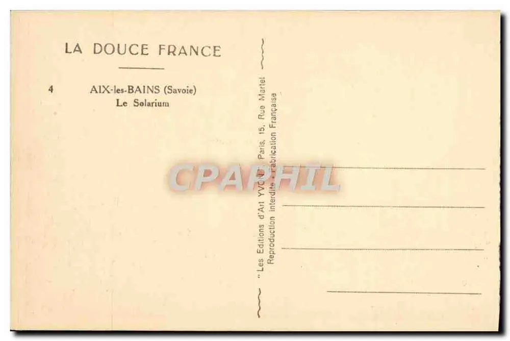 O Solarium — AIX-les-BAINS (Savoie) — Les Editions d'Art YVCN, Paris - Verso