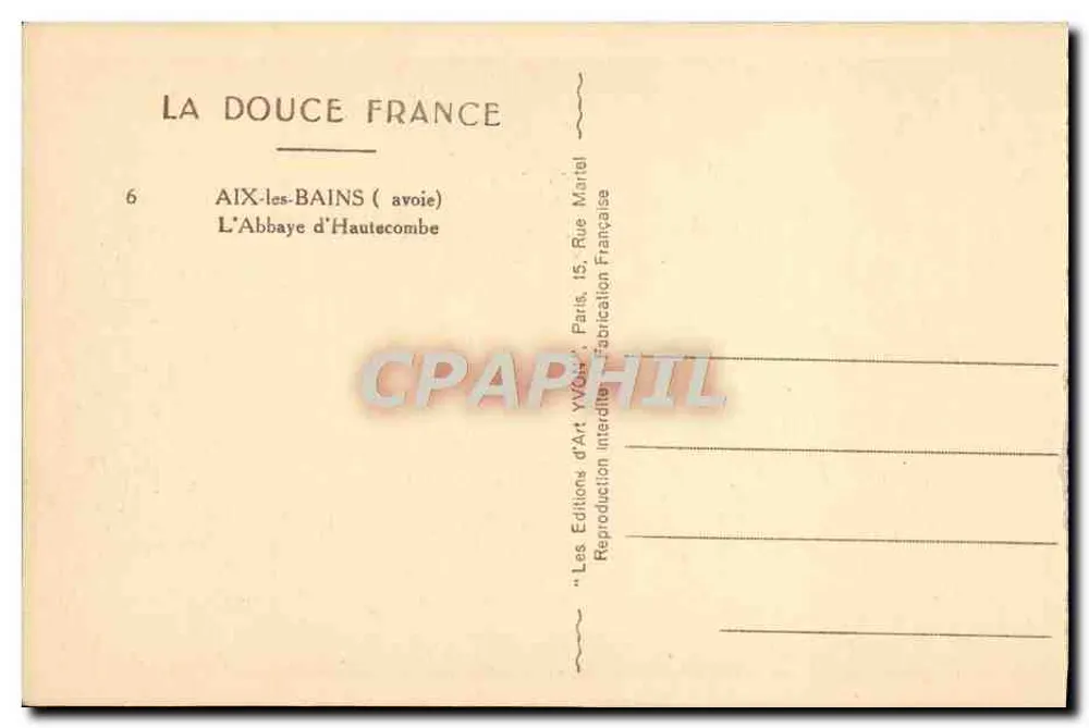 A Abadia de Hautecombe — Aix-les-Bains — Edições de Arte Yvès-Mariel - Verso