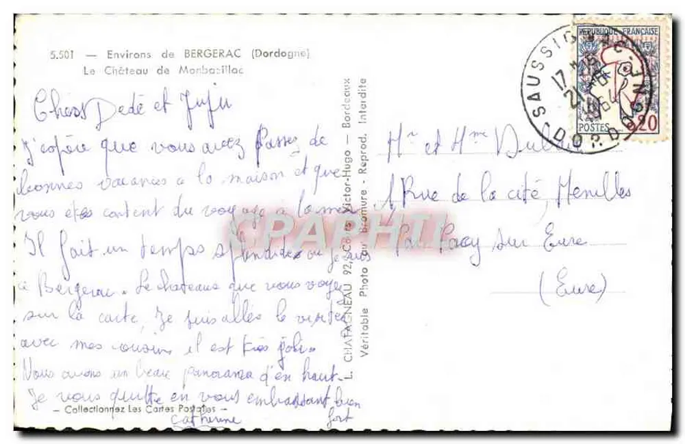 Castelo de Morbacillac — Arredores de Bergerac (Dordogne) — Editor Élié, n° 5.501 - Verso