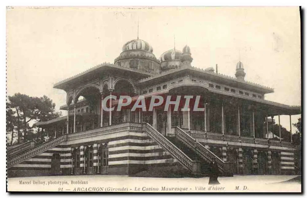 Arcachon (Gironde) — Le Casino Mauresque — Winterstadt — Marcel Delboy, Phototypie, Bordeaux, n°91 - Vorderseite