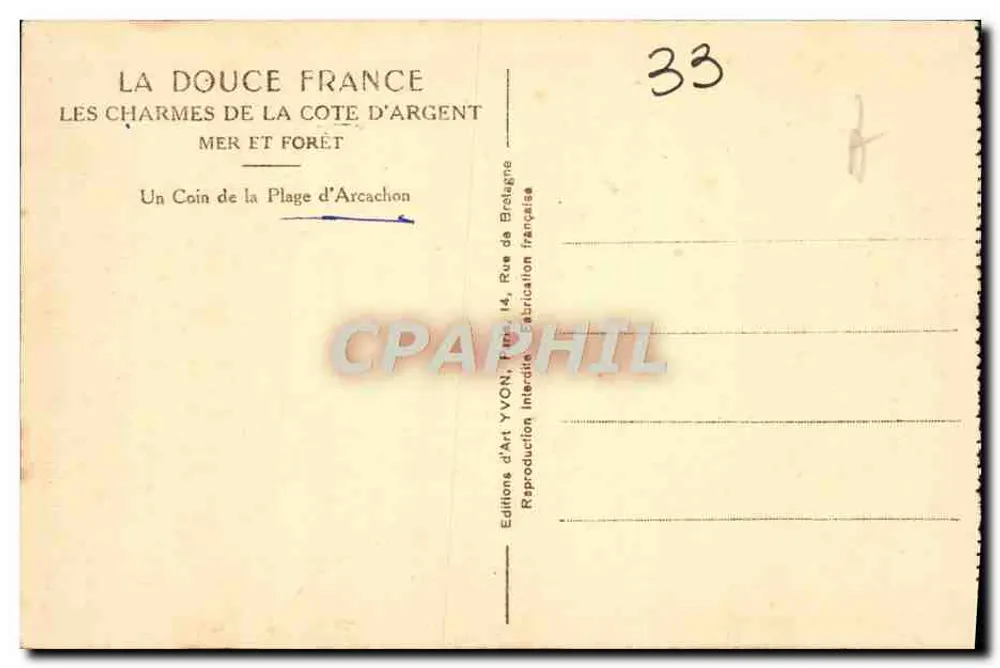 Arcachon — Silberstrand und Wald — Éditions d'Art YVON, 14 Rue de Brelagne - Rückseite