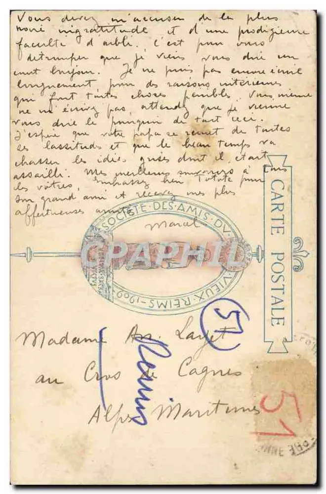 REIMS — Kleiner Renaissance-Portikus, 30, rue Courmeaux — Phototypie J. Bienatmé 1909 - Rückseite