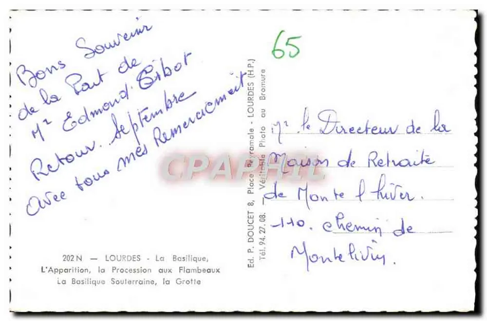 Lourdes — Lembrança de Lourdes — Editor Ed. P. Doucet - Verso