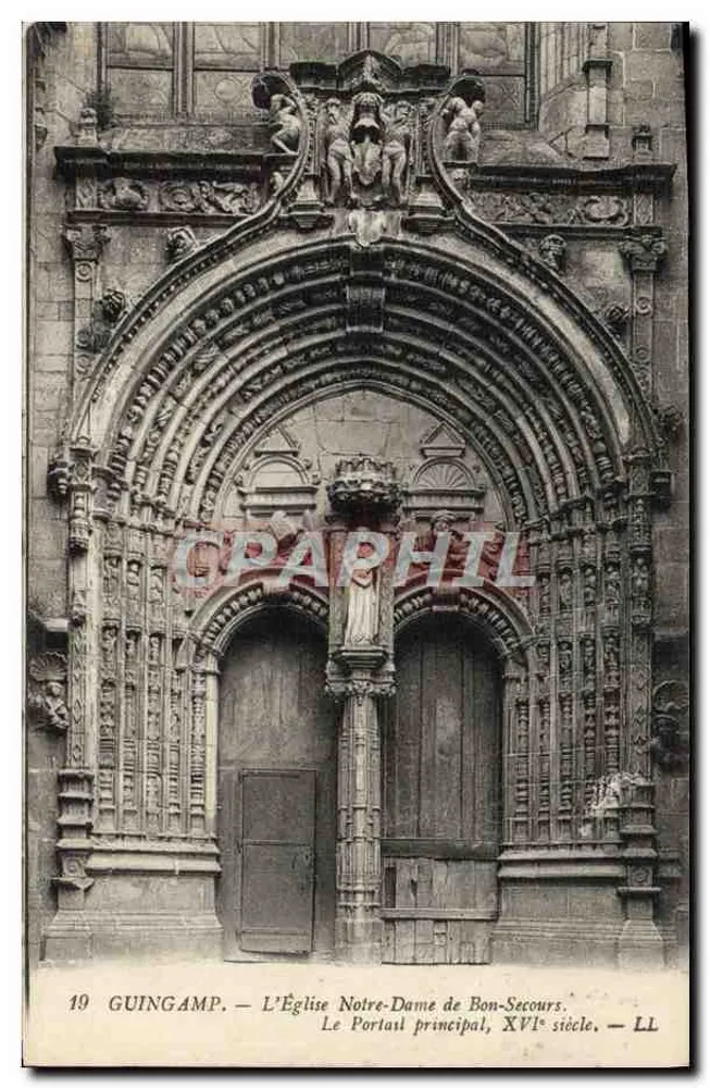 Guingamp — Kirche Notre-Dame de Bon-Secours, der Hauptportal, 16. Jahrhundert — LL - Vorderseite