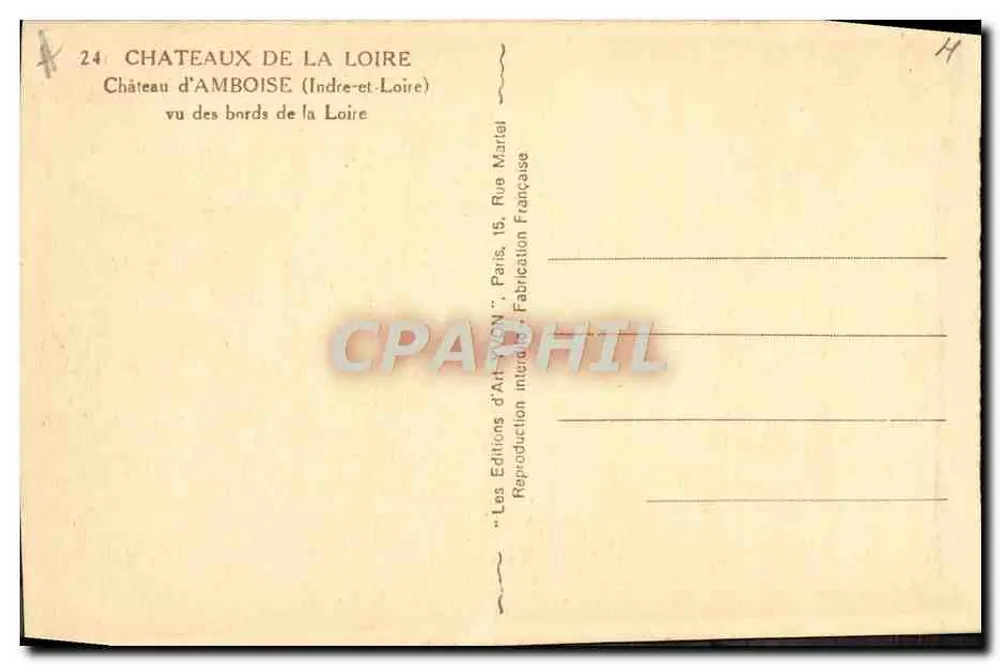 Castelo de Amboise — vista das margens do Loire — Les Éditions d'Art-Verne, Paris - Verso