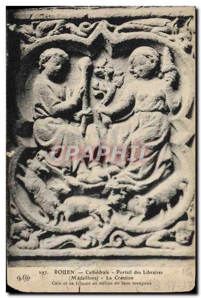 Rouen — Kathedrale — Portal der Buchhändler — Medaillons — Die Schöpfung Kains und seiner Frau inmitten ihrer Herde - Vorderseite