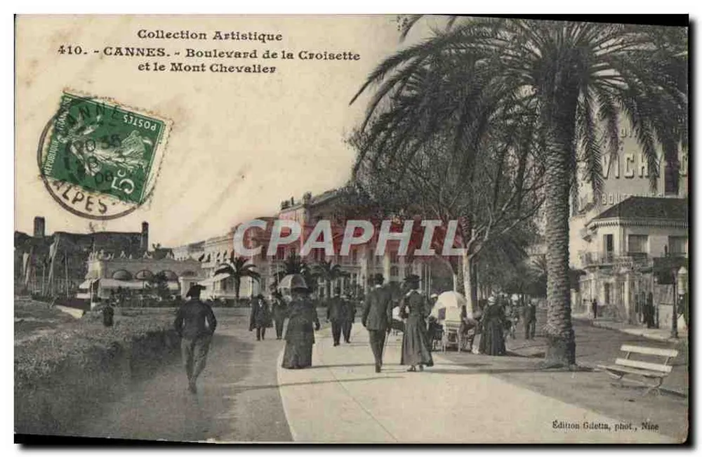 CANNES - Boulevard de la Croisette und Mont Chevalier — Künstlerische Sammlung, Nr. 410, Giletta-Edition, Nice - Vorderseite