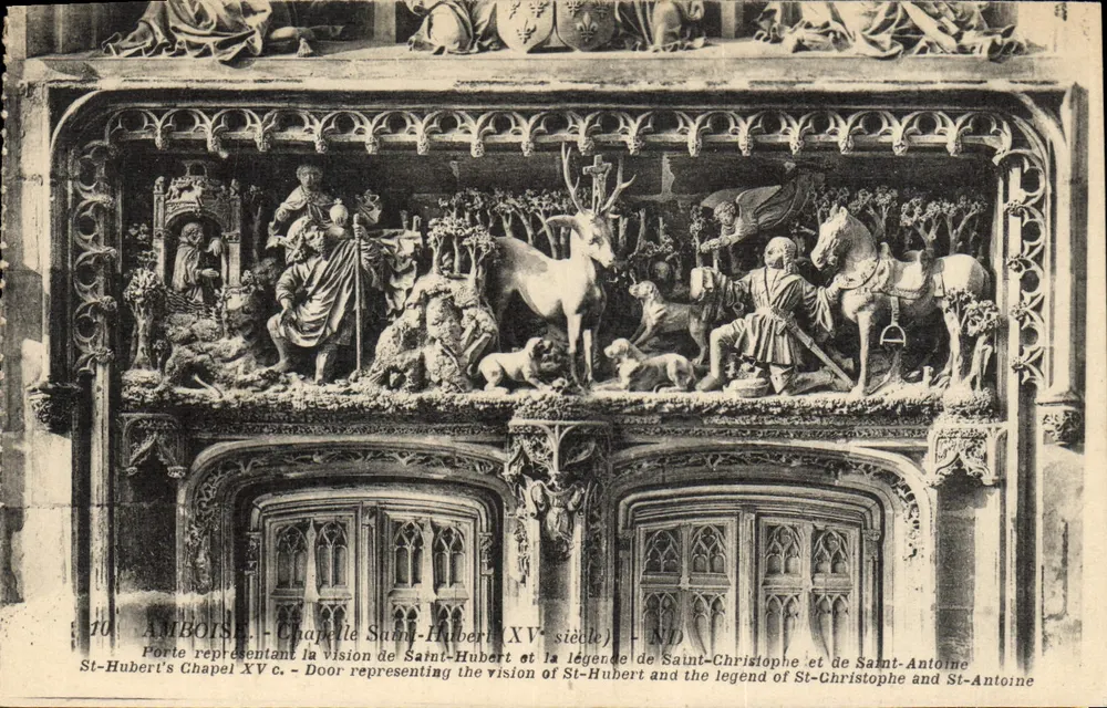 Amboise - Capela de São Huberto (século XV) — Porta representando a visão de São Huberto e a lenda de São Cristóvão e São Antônio - Frente
