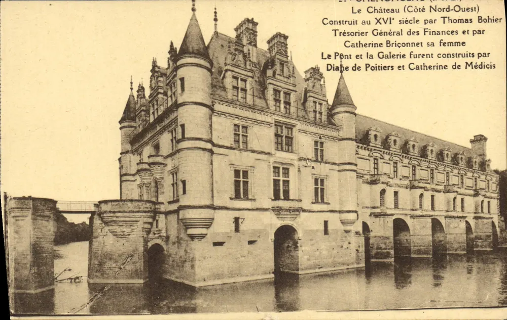 Castelo de Chenonceau (Lado Noroeste) — vista do castelo e do ponte sobre a Loire — editor não identificado, n° de série 27 - Frente