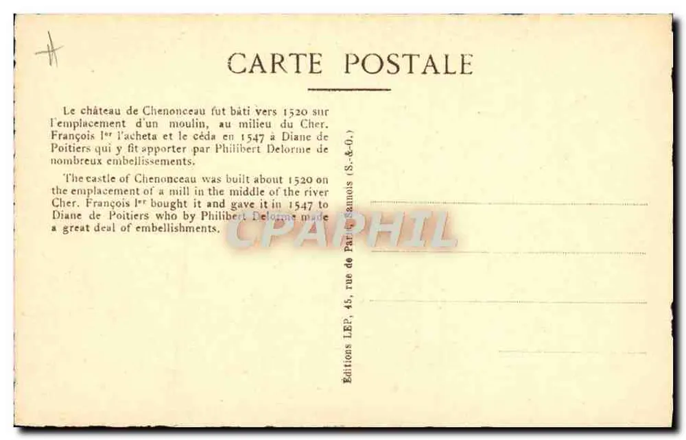 Castelos da Loire — Chenonceau — Cliché Études - Verso