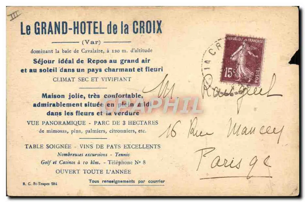 Le Grand Hôtel de La Creix (Var) — bâtiment à toit en tuiles et tourelle, entouré de palmiers et de pins — éditeur R.C. St-Tropes 284 - Reverso