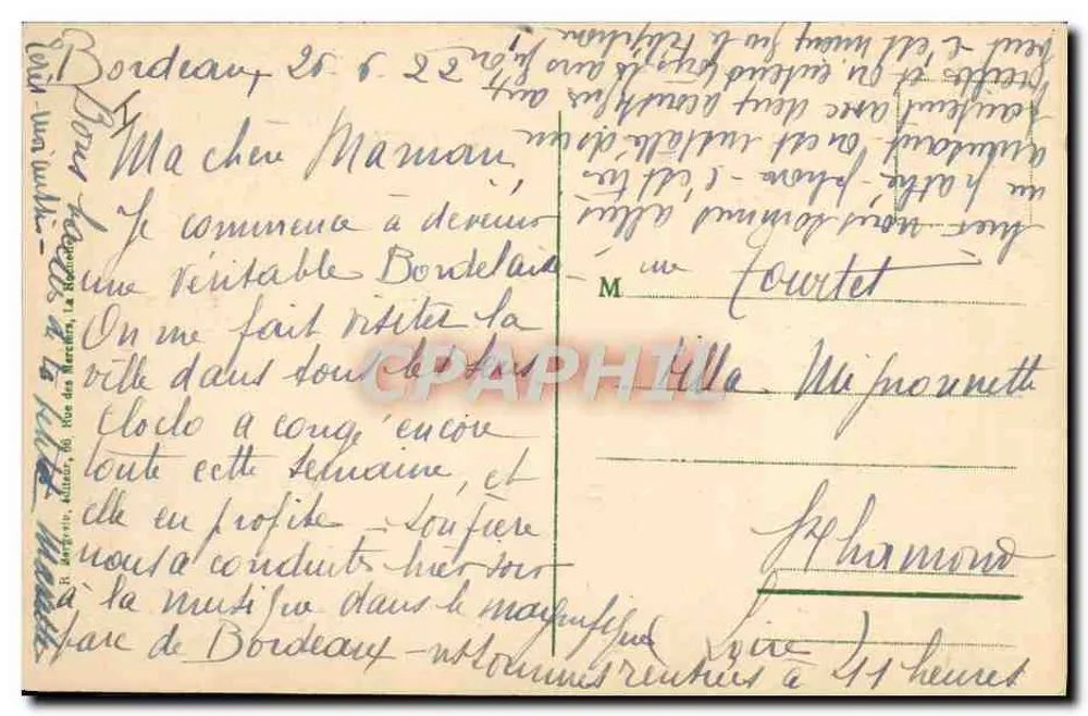 Bordeaux - Square Gambetta — Bilhete postal antigo n°213, editor R. Bertrand, 16, rue des Merciers - Verso