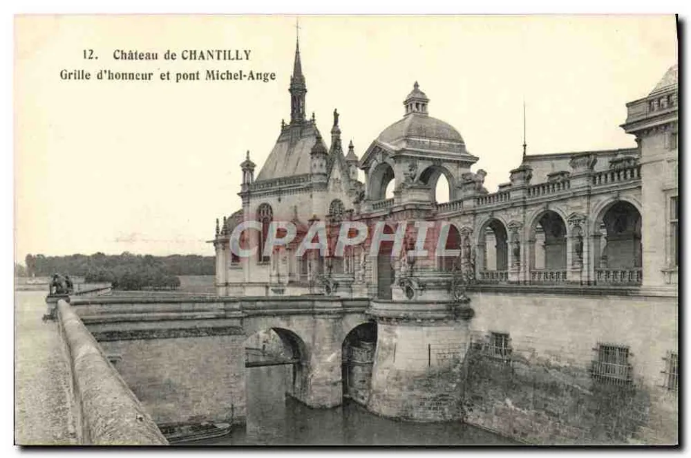Schloss Chantilly — Ehrenpforte und Michel-Ange-Brücke — Héliotypie A. Bourdier, Versailles - Vorderseite