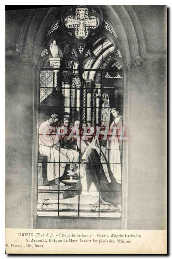 Kapelle Saint-Louis - Glasfenster, das den Heiligen Arnould, Bischof von Metz, darstellt, der die Füße der Pilger wäscht - Vorderseite