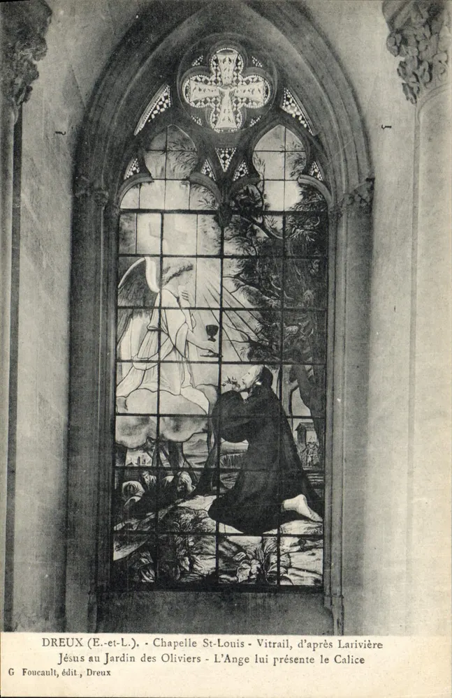 Dreux (E.-et-L.) - Capela de São Luís - Vitral segundo Larivière: Jesus no Jardim dos Oliveiros - O Anjo lhe Apresenta o Calice - Frente