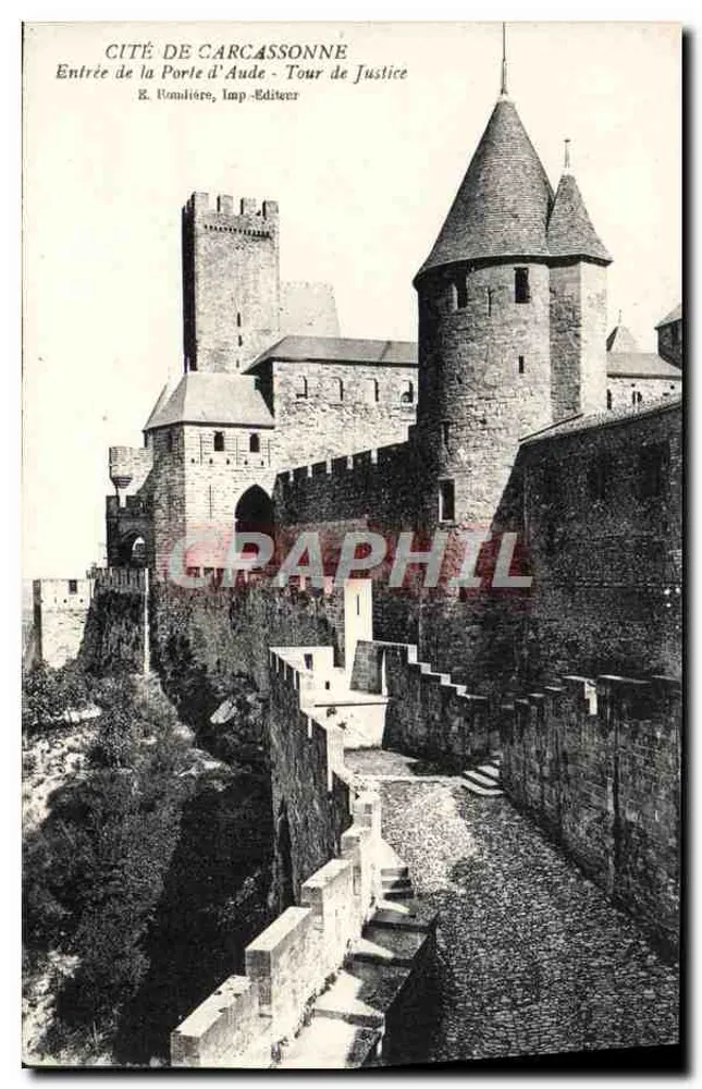 Cité de Carcassonne — Eingang zur Porte d'Aude - Turm der Gerechtigkeit — R. Roulière, Verleger - Vorderseite