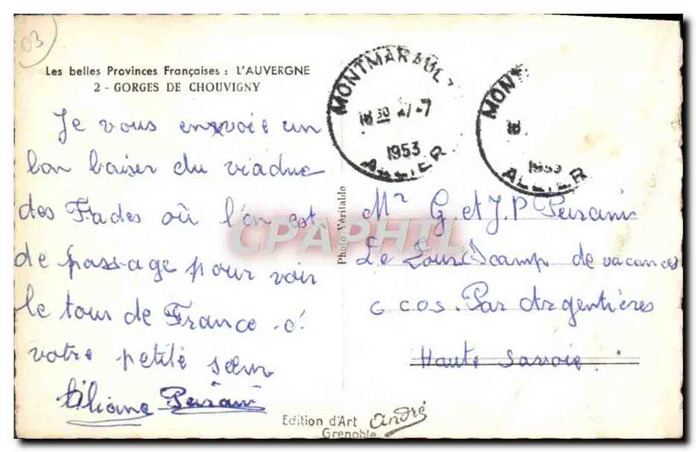 Gorges de Chouvinny — Auvergne — Edição de Arte André, Grenoble - Verso