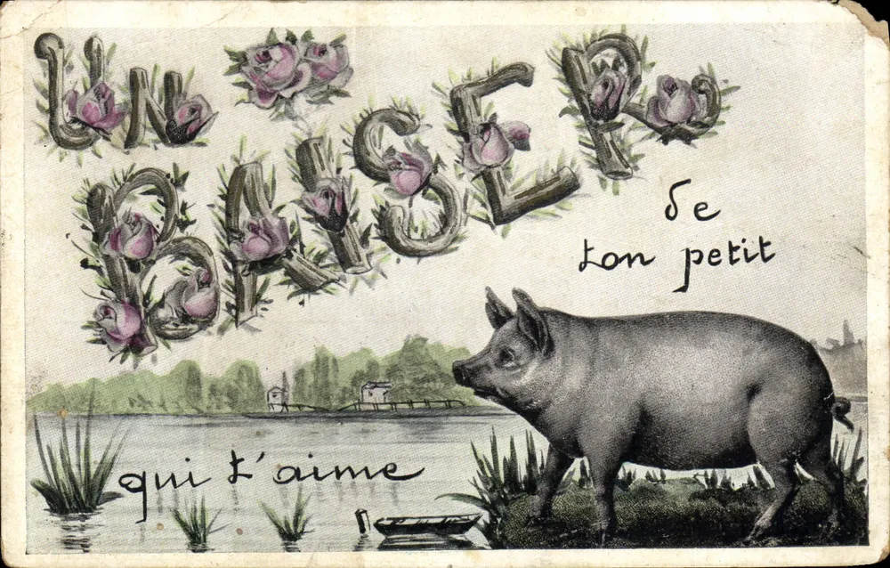 Un baiser — petit cochon près d'un lac — éditeur inconnu - Vorderseite