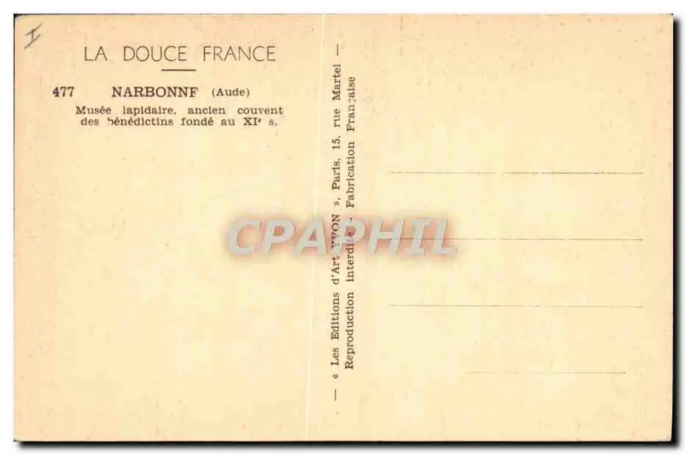 NARBONNE (Aude) — Museu lapidaire, antigo convento dos beneditinos fundado no século XI — Les Éditions d'Art Yvon, Paris - Verso