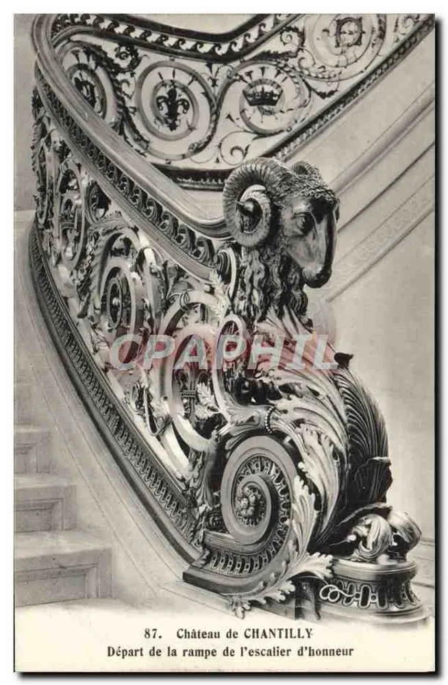 Schloss CHANTILLY — Abgang von der Rampe der Ehrenstiege — Héliotypie A. Bourdier, Versailles, n° 87 - Vorderseite